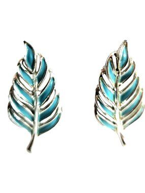 Emmons Silver-tone Clip-On Earrings Blue Enamel Leaf feather Vtg  womens jewelry